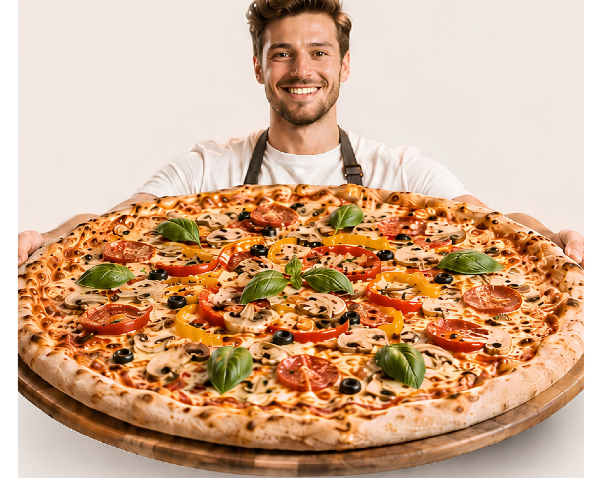 Duża pizza pokazana na ulotce promocyjnej Największej Pizzy w Karpaczu